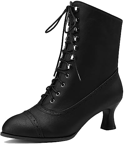 Voviggiw Lace Up Ankle Boots for Women Kitten Heel Victorian Boots Pointed Toe Booties Side Zipper Black Mark Size 37