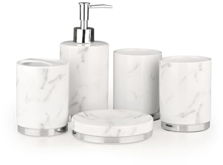 Bathroom Sets Juego de dispensador jabón 5 Piezas con Accesorios cerámica: Incluye 3 Vasos for cepillos Dientes Coastal Decor(Silver)