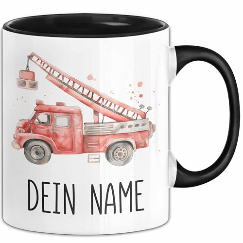 Feuerwehr Tasse mit Namen – Personalisierte Tasse Geburtstag Geschenkidee süßes Feuerwehrmotiv Niedliche Namenstasse (Schwarz)