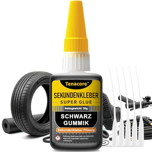 Gummikleber Schwarzer Extra Stark 30g, Sekundenkleber Gummi Extra Stark, Superkleber mit Anti-Verstopfungskappe, HitzebestÄNdig Wasserfest für Gummi, RC Reifen, Auto Dichtungen, Schläuche