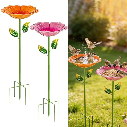 Vogeltränke Stehend 2er Set, Metall Vogelbad Garten Mit Stab, Wassertränke Für Vögel, Abnehmbar Vogeltränke Winterfest, Vintage Gartendeko, Für Wildvögel Frostfest, Garten, Hinterhof (C)