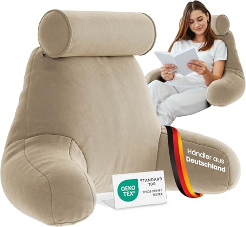 ELONEO Rückenkissen, Lesekissen für Bett und Sofa mit Armlehnen und Abnehmbarer Nackenrolle – Ideal als Rückenstütze für mehr Halt und Komfort von Rücken, Kopf und Nacken