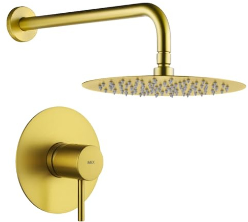 IMEX - Ducha Empotrada Oro Monomando | Conjunto de Grifería Empotrado con Rociador Antical Efecto Lluvia Dorada | Columna Ducha Empotrada con Grifo en Latón y Acero Inox S.304 (SIN ALCACHOFA)