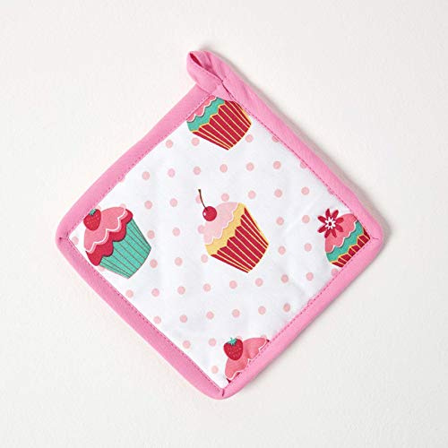 Homescapes Topflappen Cup Cakes, rosa weiß ca. 20 x 20 cm, Untersetzer aus 100% reiner Baumwolle mit Polyesterfüllung, waschbarer Topfuntersetzer