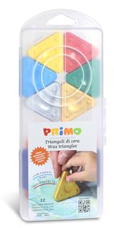 PRIMO - Pastelli a Cera Colorati con 12 Colori per Bambini +3 Anni a Triangolo Resistenti e Durevoli, Pastello dal Colore Intenso per Cartoleria e Lavoretti Creativi per Bambini, non Sporca le Mani