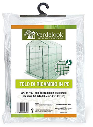 VERDELOOK | Telo di Ricambio in PE Retinato per Serra a Casetta 6 Ripiani Codice 647/24, Resistente, Protezione Piante, Apertura Frontale con Cerniera 140x140x195 cm