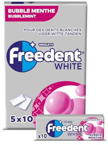 FREEDENT WHITE - Chewing Gum Sans Sucre - Goût Bubble Menthe - 5 Paquets de 10 Dragées - 70g