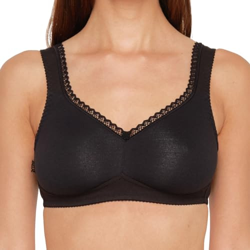 Susa Bra Without Underwire, Bra with high Cotton Content from Controlled Organic Cultivation, Non-Wired Bra with lace and Wide Straps, Black, 34D