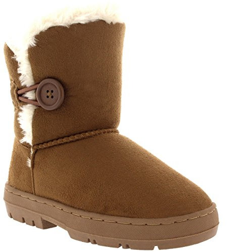 Holly Kids Girls Button Winter Snow Rain Cosy Casual Warm Boots, Light Tan, 3 UK
