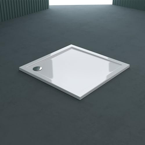 doporro Plato de ducha plano diseño Faro1W 100x100x4cm acrílico en blanco cuadrado adecuada para instalación a nivel del suelo y conexiones-DIN