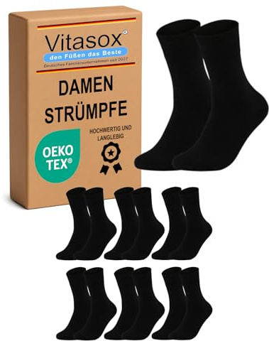 Vitasox Damensocken, schwarz 6 Paar, 35-38, aus Baumwolle ohne Gummi und ohne Naht, hochwertige einfarbige Damen Socken, atmungsaktive Qualität mit weichem Bund für Frauen, 13312