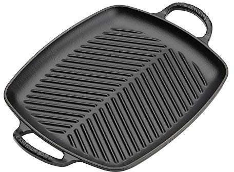 Le Creuset Signature Flache rechteckige Grillplatte aus Gusseisen mit Hilfsgriff, für alle Herdarten und Backöfen, 30 cm, Schwarz matt, 20201300000422