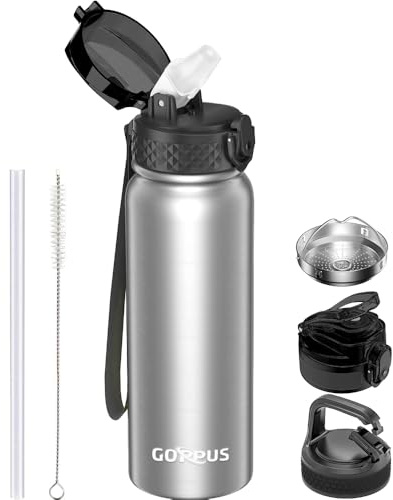 GOPPUS Bouteille d'eau Acier Inoxydable 600ml/20oz avec Paille Bouteille Sport Isolée Flacon Bouteilles d'eau en Métal Rabattables à Double Paroi Étanche pour les Sports de Gym avec 3 Couvercles