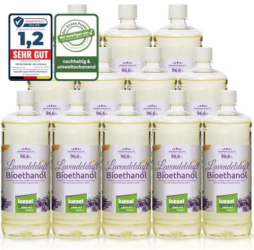 KieselGreen Bioethanol 12 x 1 Liter mit Duft für Ethanol-Kamin, viele Sorten - Bio Ethanol als Raumduft in vielen Duftnoten - Parfüm für Bio Ethanol Kamin Indoor oder Bioethanol Tischfeuer (L)