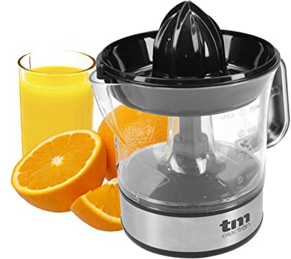TM Electron TMPEX005 Exprimidor eléctrico para cítricos con jarra de 700ml, 2 conos de prensa, regulador de pulpa ajustable, rotación a izquierda a derecha, apto para lavavajillas, 40W