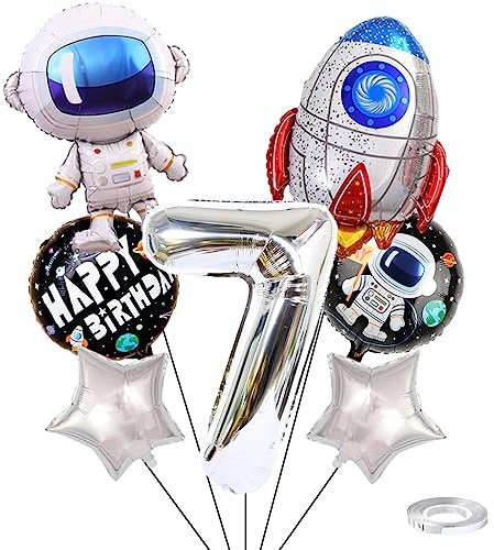 Weenkeey 7 ans astronaute fusée d'anniversaire ballon fête l'espace ballons géants spaceman Foil ballons argent 7 ans ballon à hélium étoile ballon pour la décoration fête d'anniversaire