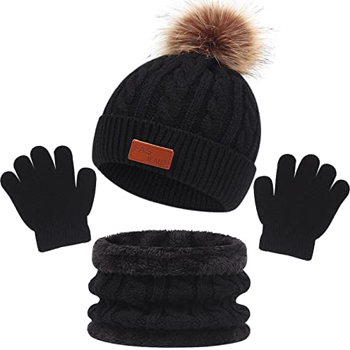 Enwokran Enfant Hiver Bonnet Echarpe Gants Ensemble, Bonnet Chapeau Enfant Hiver avec Pompon Détachable,Tricoté Tour de Cou Chaud avec Doublure, Thermique Gants pour Fille Garçon 2-6 ans (Noir)