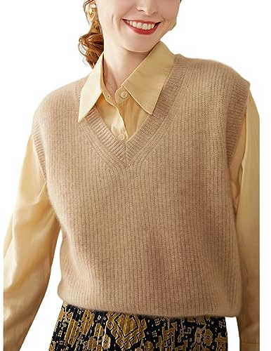 DISSA Women's V‑Neck Sleeveless Knit Cashmere Wool Vest,Camel,12