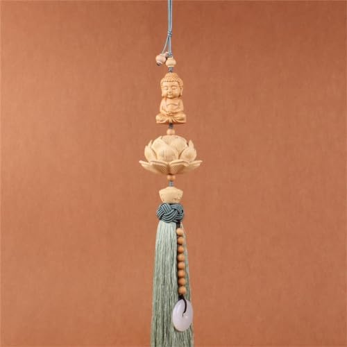 Chinese Lucky Knot Car Interior Tassel Hanging for Gifts Decoration Vehicle Amulet Accessory Rearview Mirror Wood Pendant Craved Buddha Hanging Ornament for Luck Safety Lotus