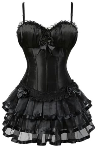 WEITING Abiti con Corsetto Overbust in Raso di Pizzo Abiti da Ballerina Showgirl Corsetti e Bustini barleschi Lingerie Top per Donne Gonna Tutu Set-Nero-XS