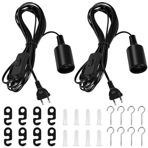 2 Stück E27 Lampenfassung Mit Kabel 6M, Fassung Mit Schalter, AC 250V 4A (Max.100W) Lampe Fassung Mit EU Stecker und Haken Schrauben Zum Einfachen Aufhängen Steckdosenadapter (Schwarz)