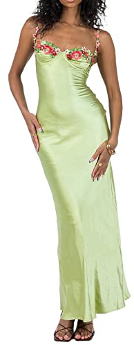 Edhomenn Women's Green Floral Print Satin Maxi Dress - Backless, Spaghetti Strap, Bodycon, Ankle Length - S/M/L