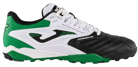 Joma - Tacos de fútbol para césped, parte superior sintética y de malla, ventilación VTS, puntera de protección, suela duradera, para hombre y mujer, Negro Blanco, 44 EU