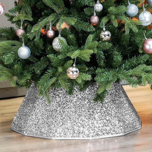 Taylor & Brown Dazzling Sequin Diamond Christmas Tree Skirt Stand Base Xmas Natural Folding Collar Basket Cover Decoration Tidy Home Decor 68 x 25cm (Silver)