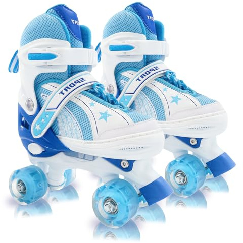 Adjustable Kids Roller Skates for Girls and Boys Ages 3-5 5-8 8-12, All 8 Wheels of Girl's Skates Shine, Safe and Fun Illuminating for Outdoor Indoor Sports (Sky Blue, Small-Little Kid (10C-13C))