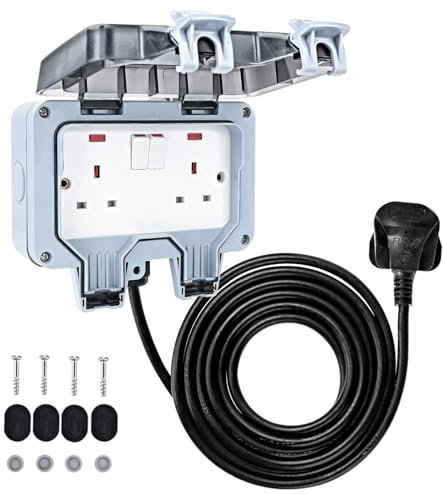 CROWNSHOP Weatherproof Outdoor Socket Waterproof Double Socket 5M Extension Lead IP66 Switched Wall Electrical Outlet 2 Gang Power Socket,Garden Outside Plug Sockets Cover Box (15m)