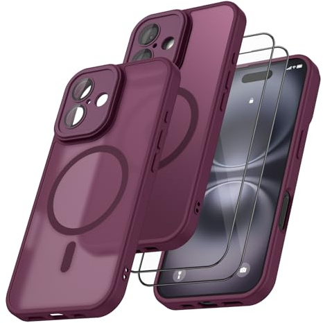 Oumida Coque Magnétique pour iPhone 16 6.1 avec 2 Verre Trempé écran Protecteur, Etui Translucide Mat Arrière Housse Fine Antichoc, Bordeaux