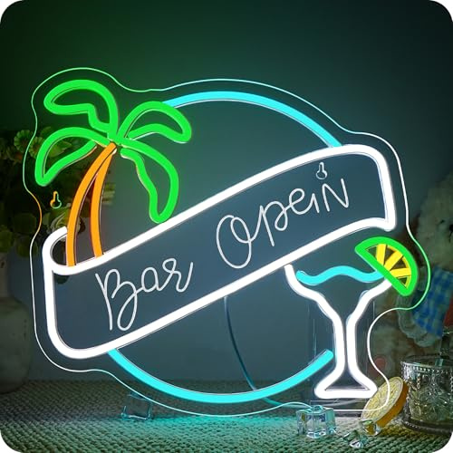 Horseneon Bar Open Neon Schild Palme Led Schild Dimmbar für WanddekorationWand,Bier Bar Neon Sign Neon Sign Zeichen Licht Open Leuchtreklame Wand Dekor für Bar,Kaffee Cafe Club,Taverne,Clubs,Partys