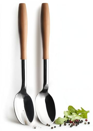 Artestia Extra Large Serving Spoon and Salad Tongs Set, Heavy Duty 304 Stainless Steel, Long Beech Handle 2-Piece Salad Servers for Buffet, Party, Kitchen
