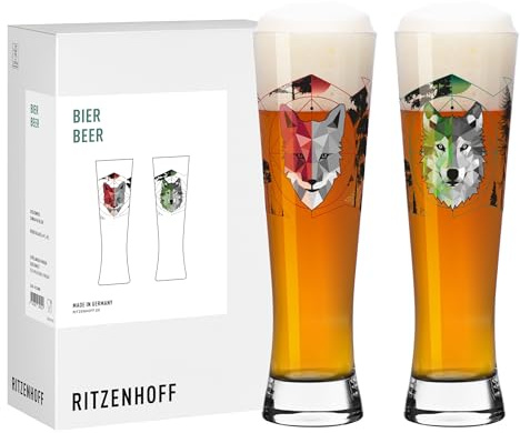 RITZENHOFF 8122001 Lot de 2 verres à bière 300 ml – Série Chasseur & collectionneur – Avec motif loup, renard – Avec impression numérique