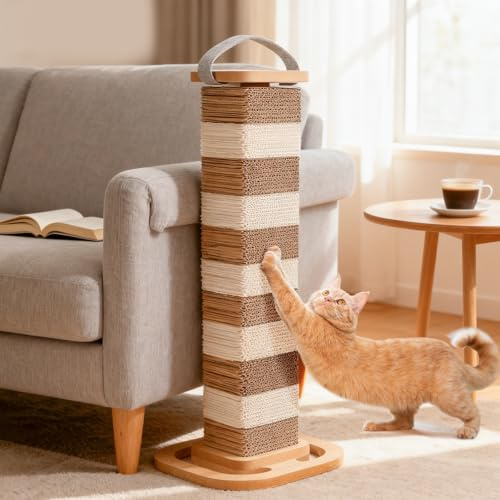 CheerPals Cardboard Cat Scratching Post 4-Way Rotation, 5-Layer Corrugated Cardboard Cat Scratcher, Replaceable Scratch Post to Protect Sofa, 62cm Hight