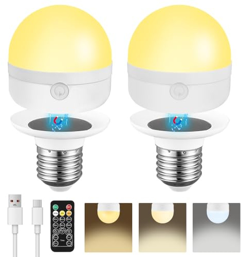 2 bombillas recargables USB con mando a distancia, E27 3 colores Bombilla LED regulable con batería, control de botón Bombilla LED recargable regulable con función de temporizador, base mag