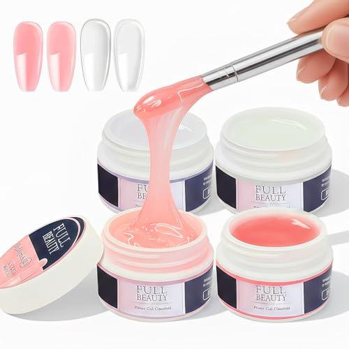 Kit Gel Construction Ongle UV 4x15ml, Gel de Construction Ongle Transparent, Nude, Rose & Blanc, UV Professionnel, Ongles pour Extension, Réparation et Nail Art