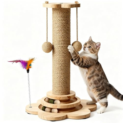 Treeboy Cat Scratching Post for Indoor Cats with Natural Sisal - Sturdy Cat Scratcher With Solid Wooden Base, Kitten Toys with Interactive Track Ball, Spring Feather,Play Platform & Scratch Post 50cm