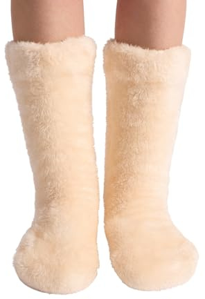 OHS Fluffy Slipper Socks Womens Girls Teddy Sherpa Reverse Warm Winter Soft Cosy Slipper Socks Non Slip Comfy Thick Thermal Fleece Socks for Home Sleeping, Cream