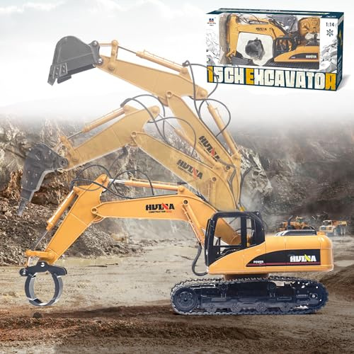 Escavatore telecomandato telecomandato, 1:14 Rc Escavatore in metallo telecomandato da 6 8 10 anni, escavatore cingolato 3 in 1 con telecomando con batteria e caricatore, compleanno
