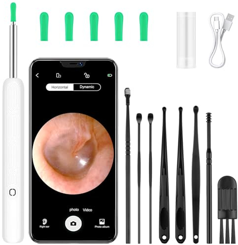BUTBU Otoscopio, 8 Kit Pulizia Orecchie, Impermeabile Endoscopio con 6 Luci LED, Pulisci Orecchie per iPhone, iPad e Android, Bianco