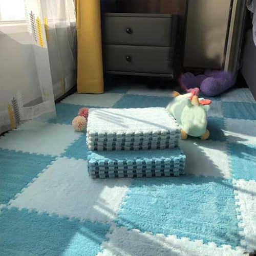GDHKDDFL Losetas de moqueta de Felpa, 10 Alfombrillas de Espuma Felpa 30 x cm, con diseño Rompecabezas, entrelazadas, cuadradas, Suaves, for Sala Estar y Dormitorio(Light Blue+Blue)