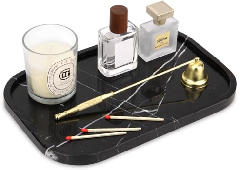 Marmor Tablett Natürlicher Badezimmer Tablett Kosmetiktablett Vielseitiges Deko Tablett Luxuriöser Küche Arbeitsplatten(Schwarze Marquina, 30 x 20 x 1.8 cm)