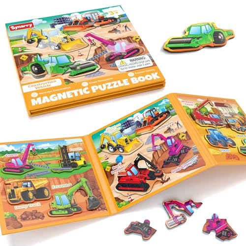 SYNARRY Puzzle Magnetisch Bagger Traktor ab 3 4 5 Jahre, Beschäftigung für Kinder im Flugzeug Auto Zug, Reisespiele Kinder Lernspielzeug für Jungen Mädchen (Baufahrzeuge)