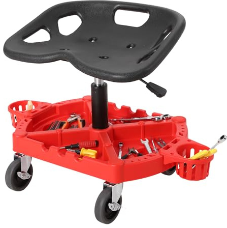 Garvee Höhenverstellbarer Werkstatthocker mit Rollen | Ergonomisch gepolsterter Sitz, 360° drehbar, Magnet-Werkzeugfach, geeignet für Kfz-Reparatur & Garage