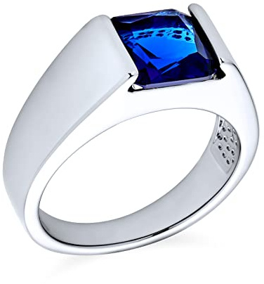 Traditioneller Unisex Personalisierter 3CT Simulierter Blauer Saphir AAA CZ Quadratischer Prinzessschliff Solitär Herren Verlobungsring Kleiner Finger Ring Versilbert Für Männer Anpassbar