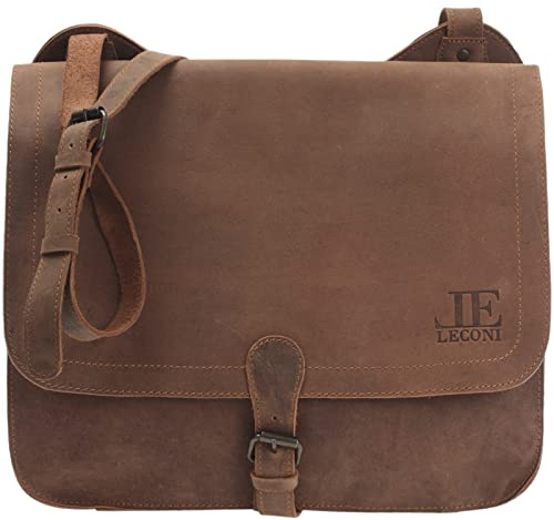 LECONI große Collegetasche Messenger Bag Tasche DIN A4 für Damen + Herren – Unisex Ledertasche Lehrertasche Aktentaschen Büffel-Leder Used-Look 36x29x8cm braun LE3020-vin
