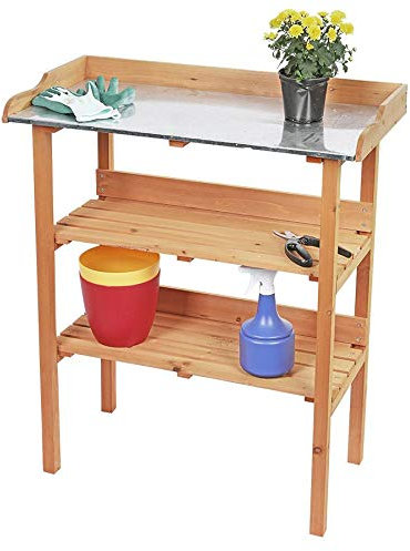 Spetebo Holz Pflanztisch mit Metall Arbeitsplatte - 90x76 cm - Garten Arbeitstisch Gärtnertisch mit Zwei Ablageflächen