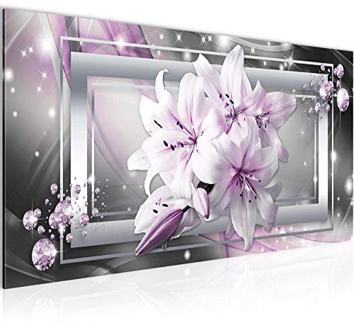 Runa Art Wandbild Blumen Lilien 1 Teilig 100 x 40 cm Modern Bild auf Vlies Leinwand Abstrakt Wohnzimmer Grau Lila 021712b