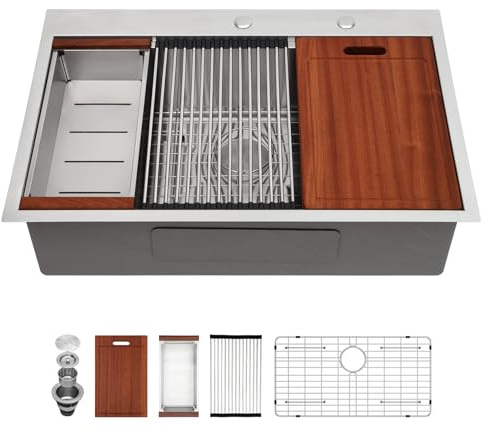 Sarlai Drop In Kitchen Sink - 33x22 Drop In Kitchen Sink Ledge Workstation 16 Gauge Stainless Steel Topmount Deep Single Bowl Over Counter Sinks Basin Round Corners